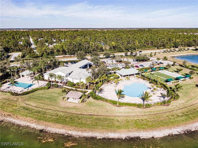 birds eye view of property featuring a water view