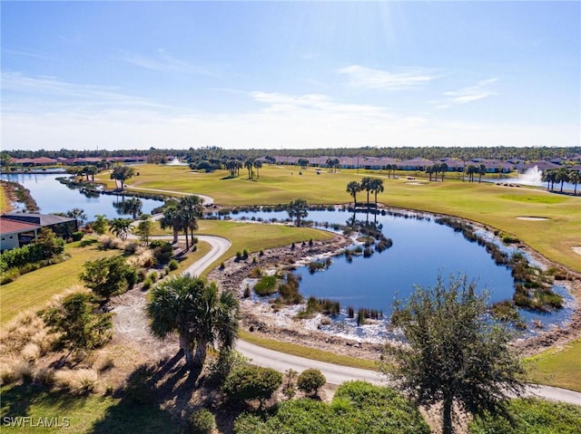 aerial view with a water view and golf course view