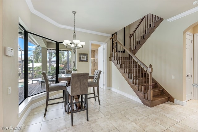 dining area featuring arched walkways, crown molding, baseboards, and light tile patterned floors