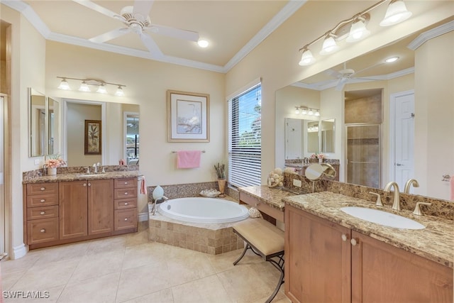 full bathroom with ceiling fan, a stall shower, a sink, and crown molding