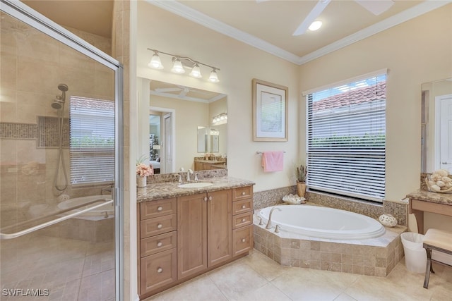 full bath with tile patterned flooring, crown molding, a shower stall, and vanity