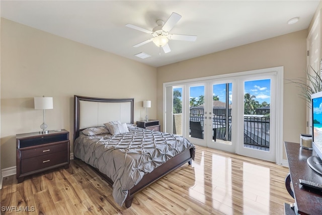 bedroom featuring access to outside, french doors, a ceiling fan, light wood-type flooring, and baseboards