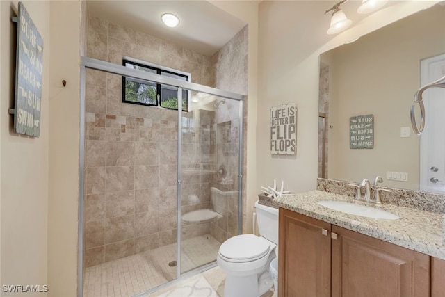 full bath with a shower stall, toilet, and vanity