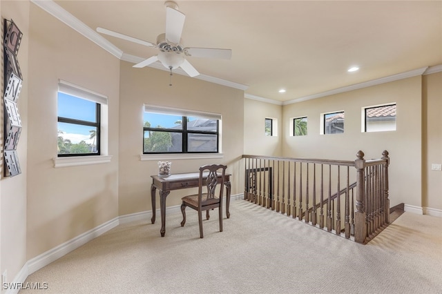 office space with recessed lighting, baseboards, crown molding, and carpet flooring