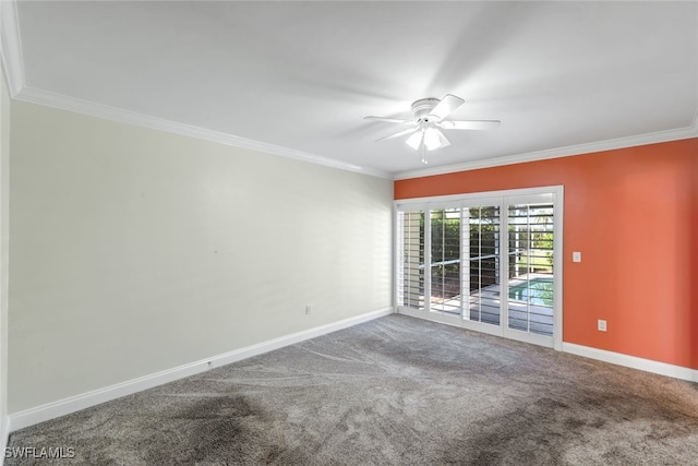 empty room featuring a ceiling fan, baseboards, crown molding, and carpet flooring