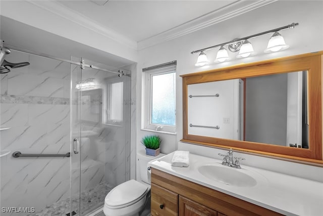 full bath featuring toilet, a marble finish shower, ornamental molding, and vanity