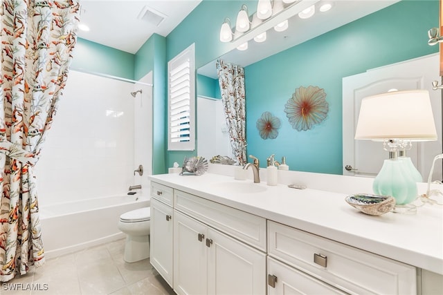 full bathroom featuring shower / bath combination with curtain, visible vents, toilet, vanity, and tile patterned flooring