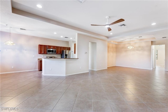 unfurnished living room featuring light tile patterned floors, recessed lighting, visible vents, baseboards, and ceiling fan with notable chandelier