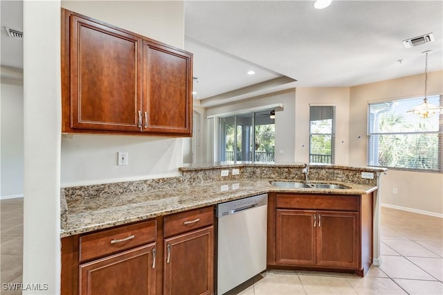 kitchen with a peninsula, a sink, visible vents, stainless steel dishwasher, and light stone countertops