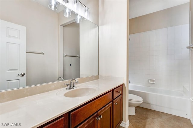 bathroom with shower / bathtub combination, vanity, toilet, and tile patterned floors