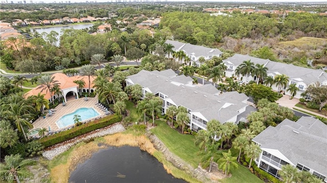 aerial view featuring a water view and a residential view