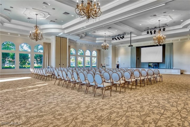 interior space featuring crown molding, a tray ceiling, visible vents, and a notable chandelier