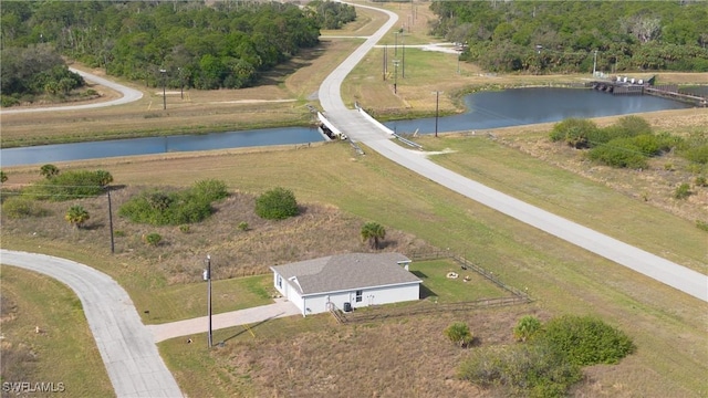 bird's eye view with a water view