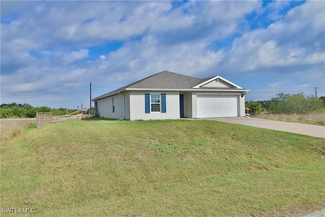 single story home with an attached garage, fence, driveway, stucco siding, and a front yard