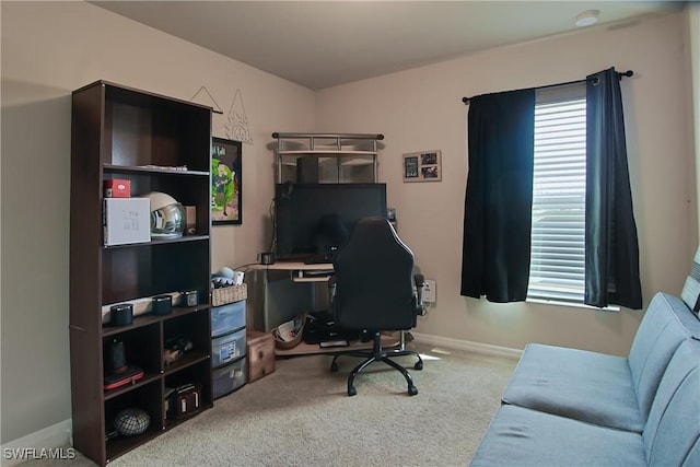 home office with carpet flooring and baseboards