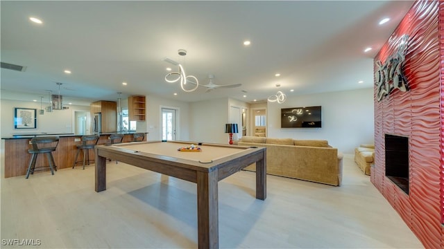 recreation room with billiards, a fireplace, visible vents, and recessed lighting