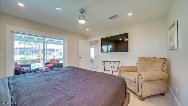 bedroom featuring visible vents, baseboards, ceiling fan, access to exterior, and recessed lighting