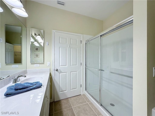 full bathroom with a stall shower, visible vents, vanity, and tile patterned floors