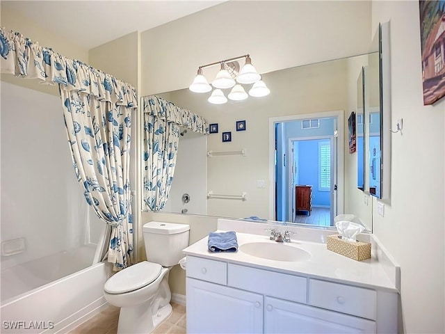 full bath with tile patterned flooring, toilet, visible vents, vanity, and shower / bathtub combination with curtain