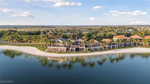 aerial view with a water view and a residential view