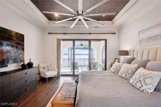 bedroom with ceiling fan, coffered ceiling, access to outside, ornamental molding, and dark wood finished floors