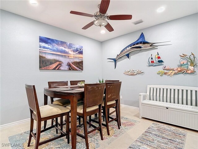 dining area with a ceiling fan, baseboards, visible vents, light tile patterned flooring, and recessed lighting