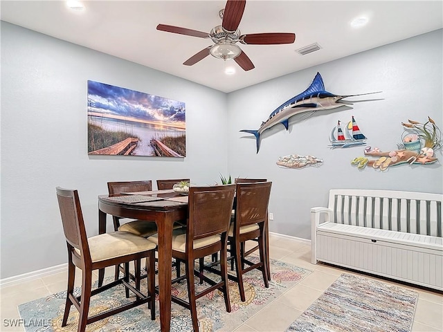 dining space featuring visible vents, baseboards, light tile patterned floors, recessed lighting, and a ceiling fan