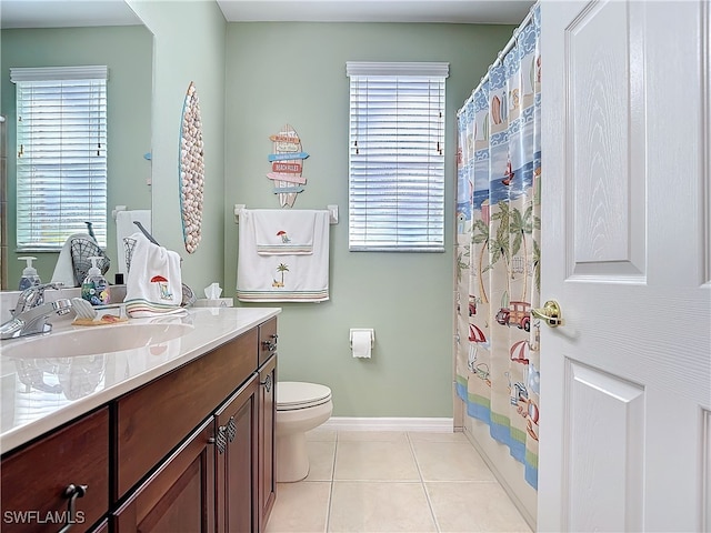 bathroom with tile patterned flooring, toilet, vanity, and baseboards