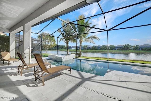 view of pool featuring a water view, a lanai, and a patio