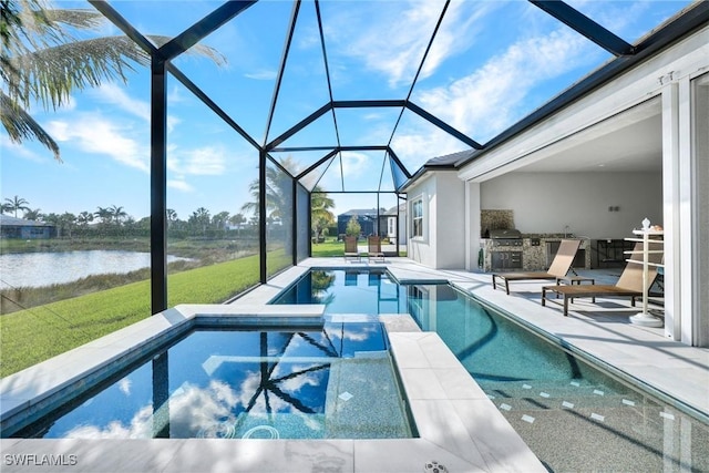 view of pool with a lawn, a patio, glass enclosure, a water view, and a pool with connected hot tub