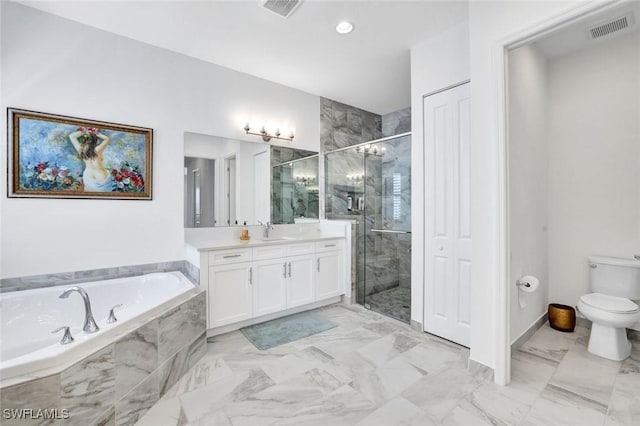 bathroom with marble finish floor, visible vents, a shower stall, vanity, and a bath