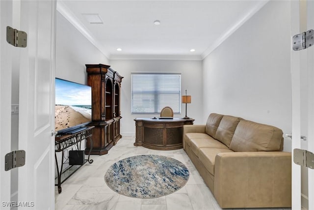 living area with marble finish floor, visible vents, crown molding, and recessed lighting