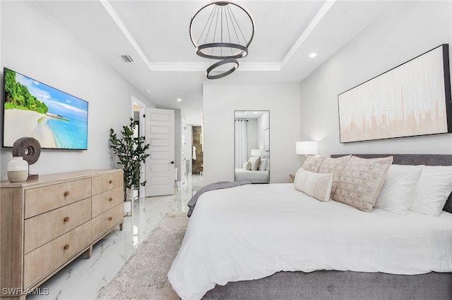 bedroom with marble finish floor, visible vents, a raised ceiling, and recessed lighting