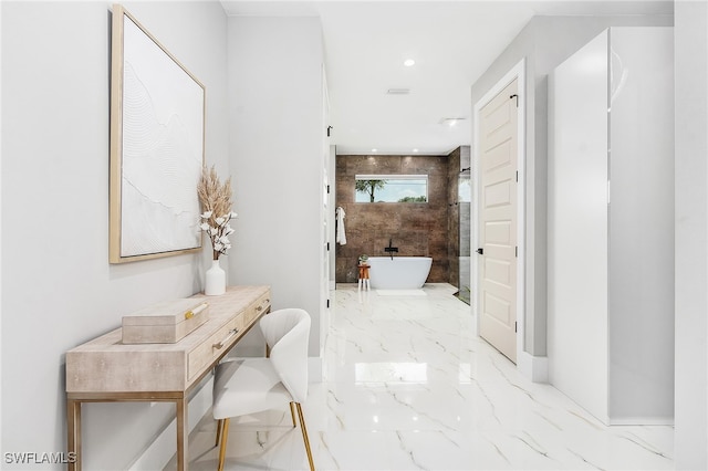 hall with recessed lighting, marble finish floor, and visible vents