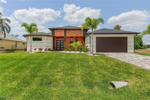 view of front facade featuring an attached garage, a front lawn, and decorative driveway