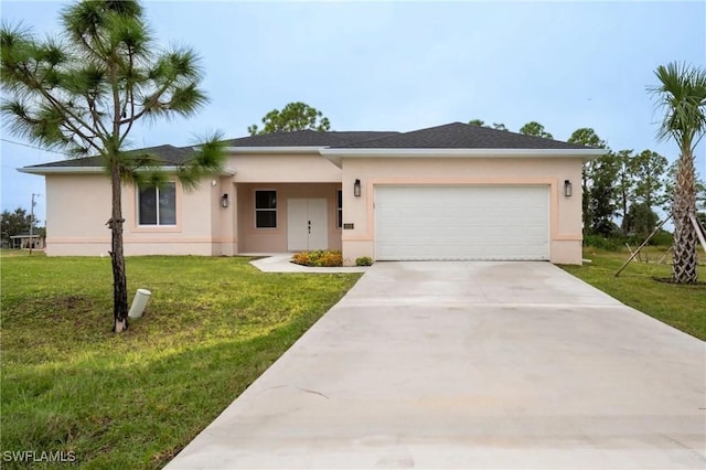 single story home with a front lawn, an attached garage, and stucco siding