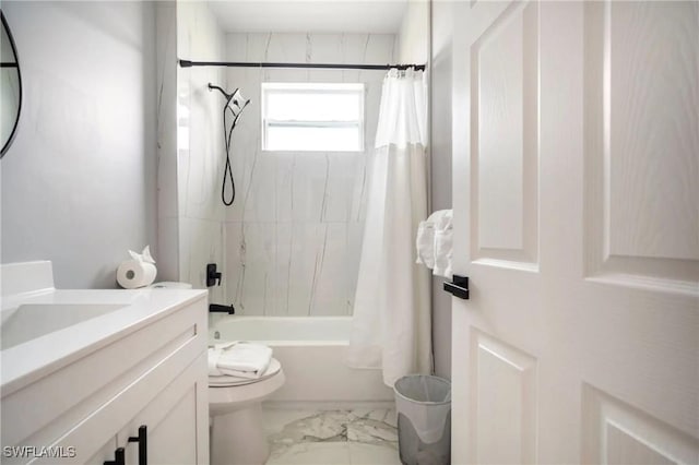 full bath with marble finish floor, vanity, toilet, and shower / tub combo with curtain