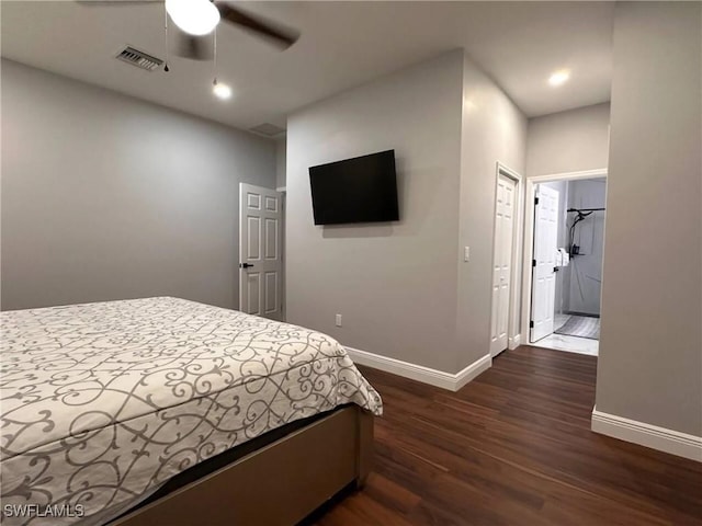 bedroom with dark wood-style flooring, recessed lighting, visible vents, ceiling fan, and baseboards