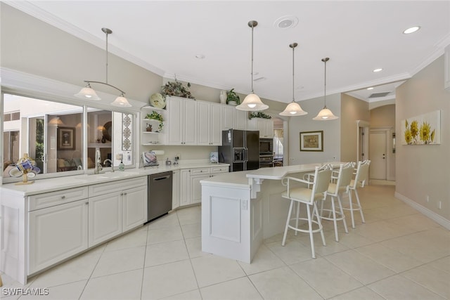 kitchen with white cabinets, light countertops, stainless steel dishwasher, a center island, and black refrigerator with ice dispenser