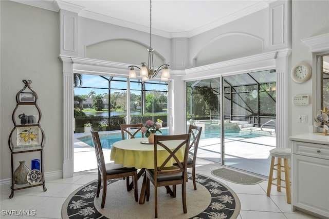 dining room featuring ornamental molding, light tile patterned flooring, a sunroom, and baseboards