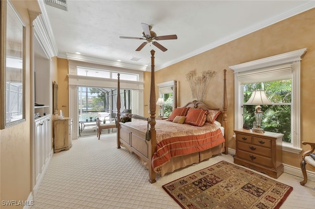 bedroom featuring visible vents, ornamental molding, access to outside, and baseboards