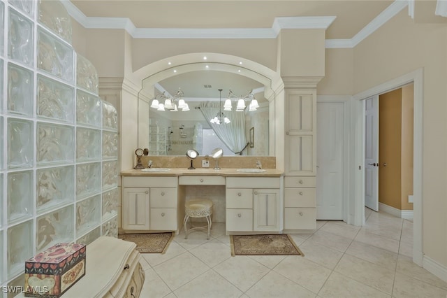 full bath featuring crown molding, tile patterned flooring, walk in shower, and an inviting chandelier