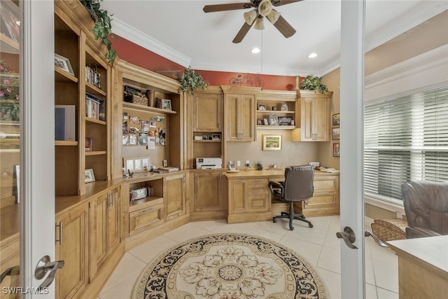 home office featuring ceiling fan, light tile patterned flooring, recessed lighting, built in study area, and crown molding