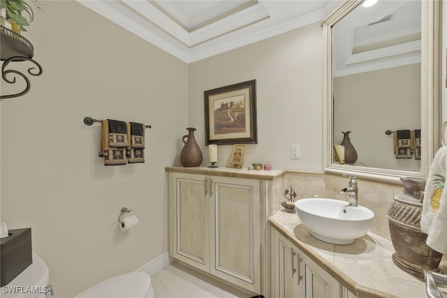 half bath with toilet, vanity, baseboards, ornamental molding, and tile patterned floors