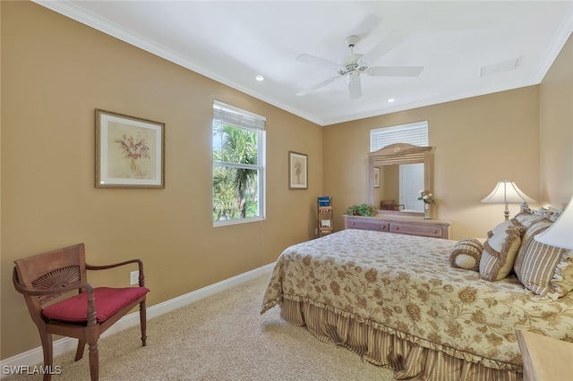 bedroom featuring light carpet, crown molding, baseboards, and ceiling fan