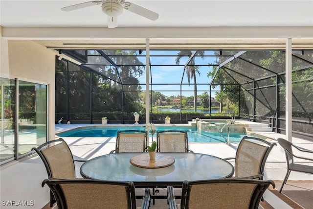 sunroom / solarium with a pool and ceiling fan