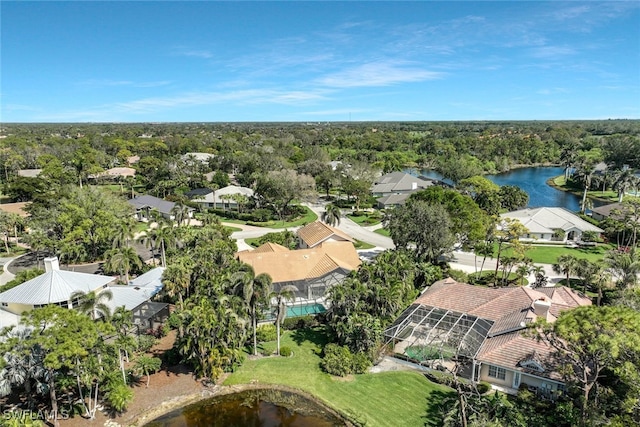 aerial view featuring a water view and a residential view