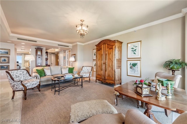 living area with light carpet, ornamental molding, visible vents, and an inviting chandelier