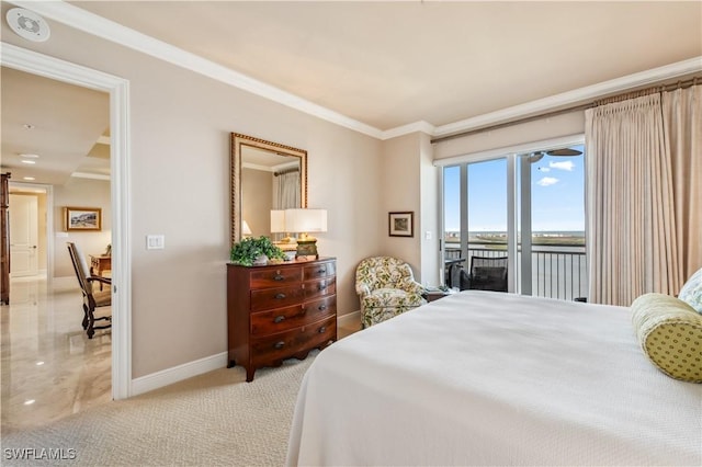 bedroom with access to exterior, baseboards, ornamental molding, and light colored carpet