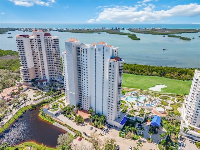 drone / aerial view with a water view and a city view